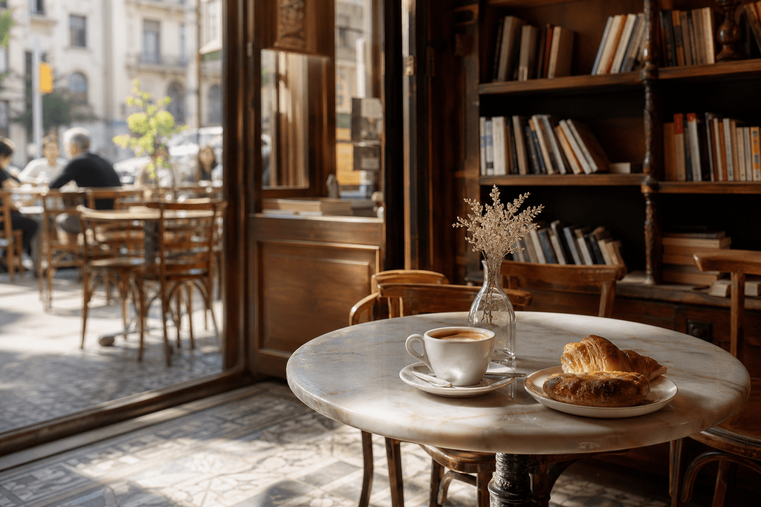 Interior de un café del Eixample abierto a la vida del barrio