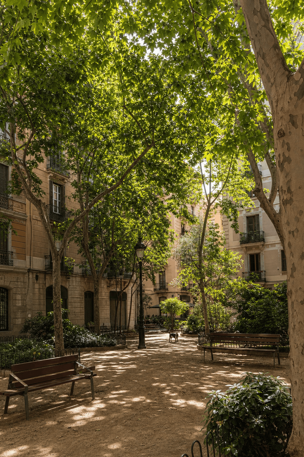 Vegetación y espacio de estancia en una calle del Eixample